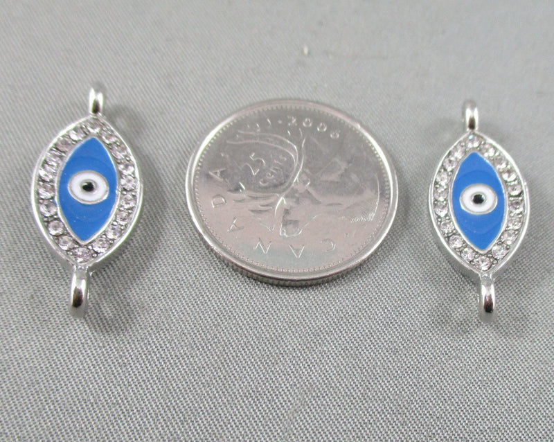30% OFF! Silver Tone Evil Eye Links with Enamel and Rhinestones 2pcs (0064)
