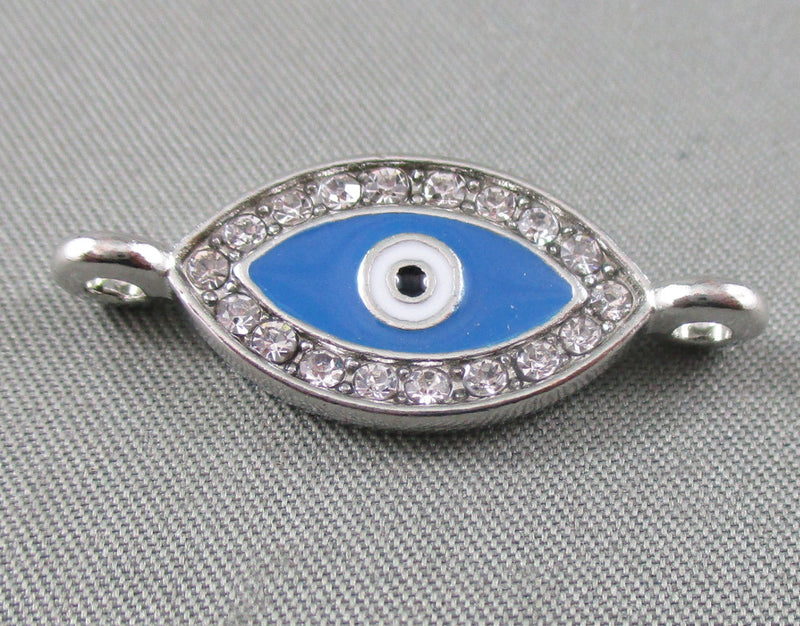 30% OFF! Silver Tone Evil Eye Links with Enamel and Rhinestones 2pcs (0064)