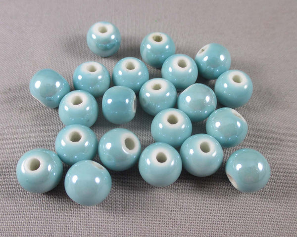 Aqua Blue Pearlized Porcelain Beads 10mm Round 20pcs (1852)