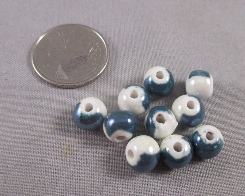 Dark Cyan Two-Tone Porcelain Beads 9mm Round 10pcs (0770)
