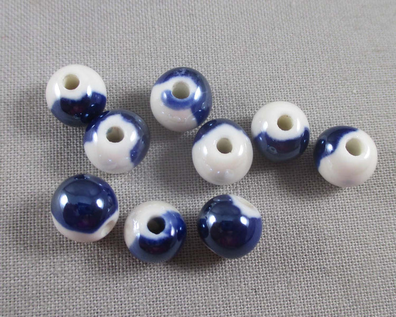 Marine Blue Two-Tone Porcelain Beads 9mm Round 10pcs (0148)