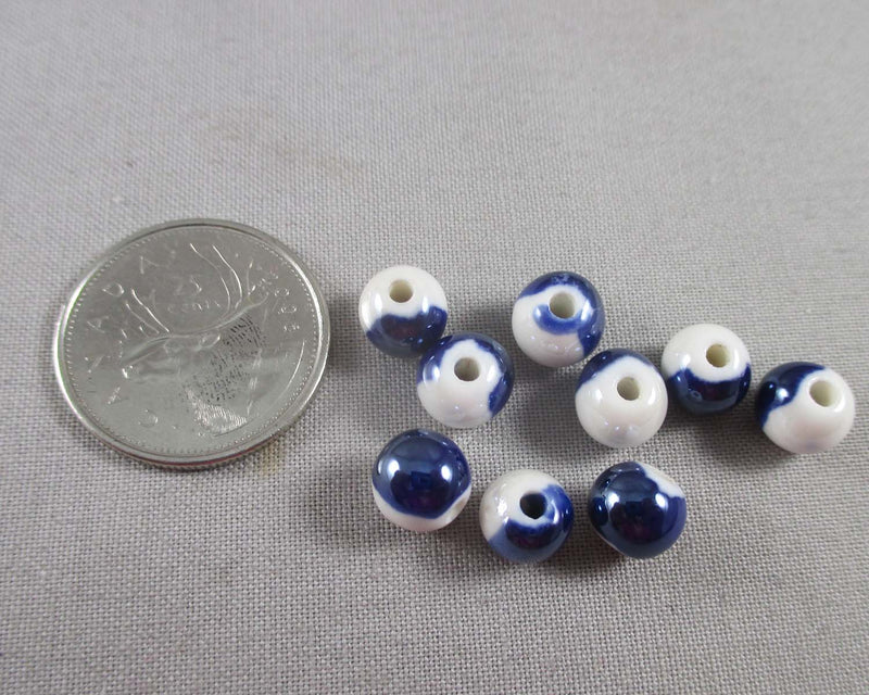 Marine Blue Two-Tone Porcelain Beads 9mm Round 10pcs (0148)